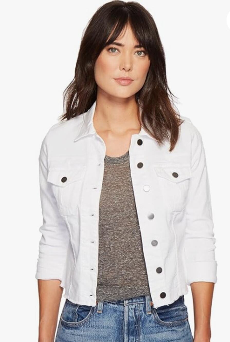 KUT FROM THE KLOTH Kara Frayed Denim Trucker Jacket Small Optic White NWOT